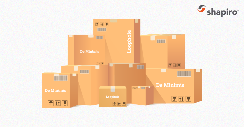 Stack of boxes with the words de minimis on them